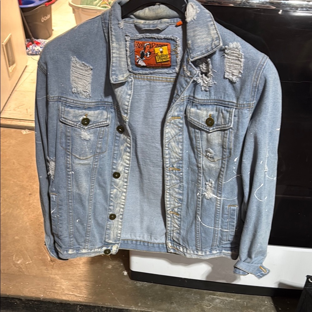 Blue Lightweight Distressed, paint, splatter Denim Shirt Jacket